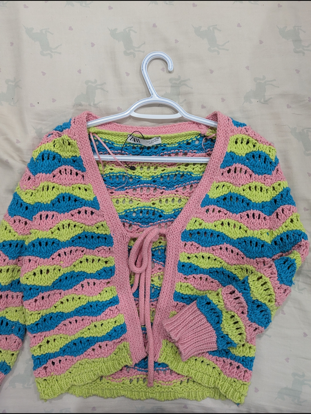Zara Pink Blue Lime Crochet Tie-Front Cardigan